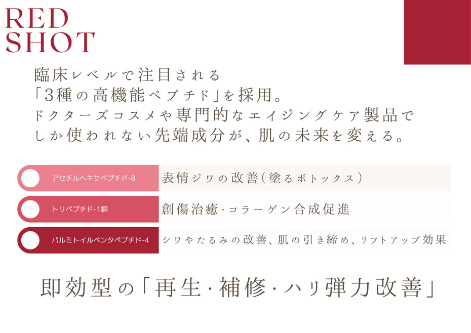 臨床レベルで注目される「3種の高機能ペプチド」を採用。
ドクターズコスメや専門的なエイジングケア製品でしか使われない先端成分が、肌の未来を変える。アセチルヘキサペプチド-8 表情ジワの改善（塗るボトックス） トリペプチド-1銅 創傷治癒・コラーゲン合成促進 パルミトイルペンタペプチド-4 シワやたるみの改善、肌の引き締め、リフトアップ効果即効型の「再生・補修・ハリ弾力改善」