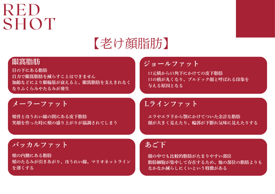 【老け顔脂肪】【眼窩脂肪】 目の下にある脂肪自力で眼脂肪を減らすととはできません加齢などにより眼輪筋が衰えると、眼窩脂肪を支えきれなくなりふくらみやたるみが発生 【ジョールファット】口元横から口角下にかけての皮下脂肪日の積が丸くなり、ブルドック顔と呼ばれる印象を与える原因となる【メーラーファット】頬骨とほうれい線の間にある皮下脂肪笑顔を作った時に類の盛り上がりが協調されてしまう【Lラインファット】エラやエラ下から顎にかけてついた余計な脂肪顔が大きく見えたり、輪郭が下膨れ気味に見えたりする【バッカルファット】頬の内側にある脂肪頬のたるみが引きあがり、ほうれい線、マリオネットラインを薄くする【あご下】顔の中でも比較的脂肪がたまりやすい部位脂肪細胞が集中して存在するため、他の部位の脂肪よりもなかなか減らしにくいという特徴がある